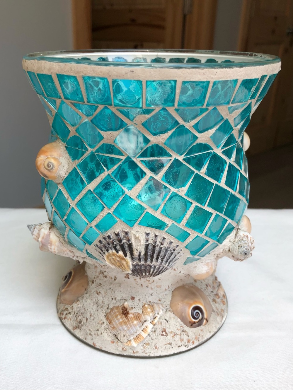 Vintage Nantucket Home Aqua Mosaic Glass Seashell Vase Candle Holder